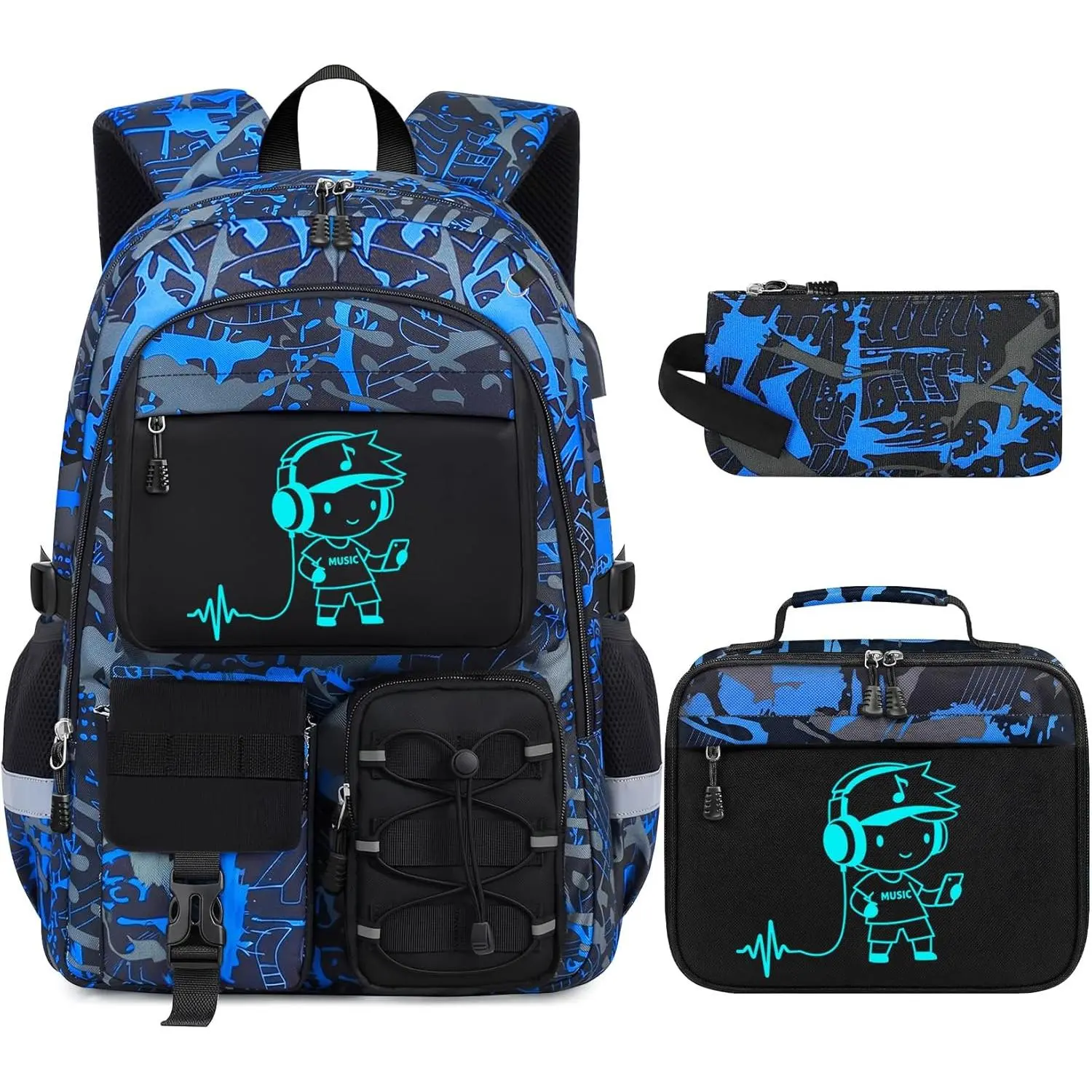 Gamer Backpack Set for Boys, 3-Piece Waterproof Oxford 18" School Bookbag with USB Port & Insulated Lunch Box, Glow in the Dark for Back to School, Graduation, Holidays, Birthdays, Glows Night, Tech Look, School Backpack