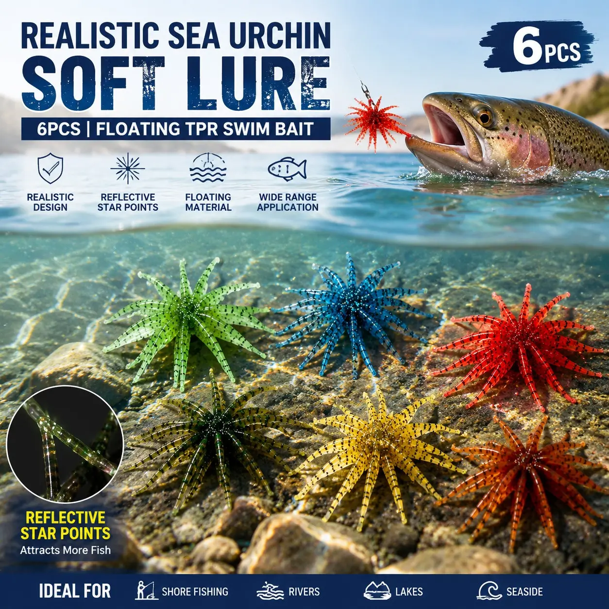 6pcs Realistic Sea Urchin Soft Lure, Reflective Star Points, Floating Tpr Swim Bait, Ideal for Shore Fishing, Trout, Rivers, Lakes, Seaside, Fishing Lures, Fishing Stuff