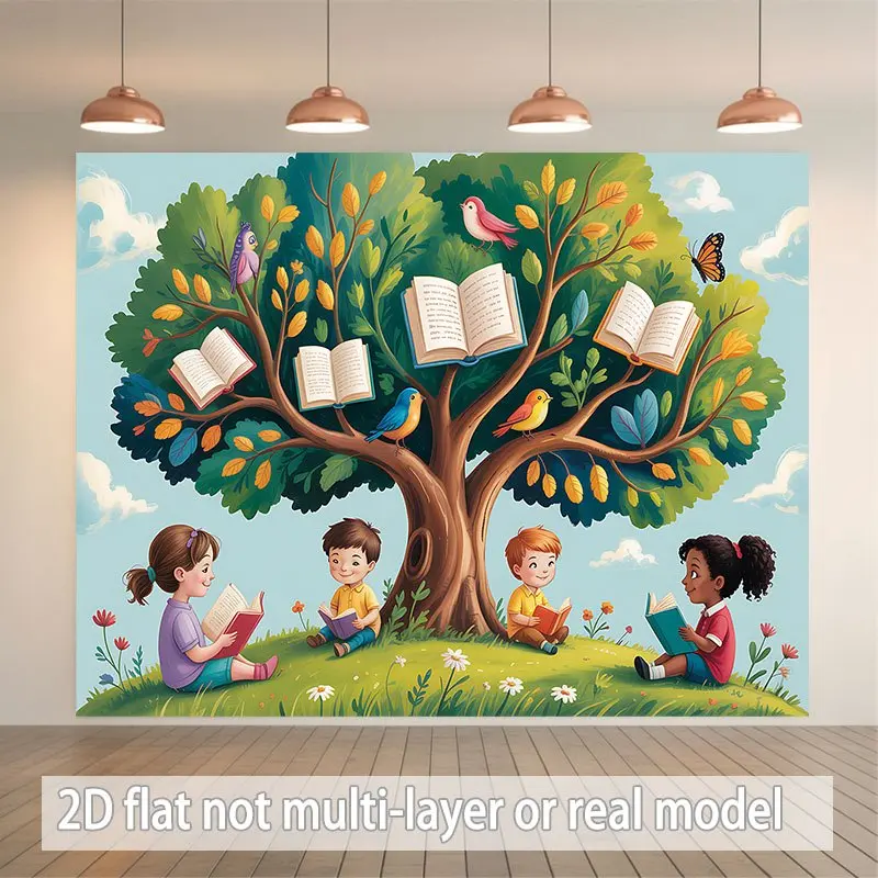 Children Reading Under Tree Backdrop with Books and Birds Design for Wedding, Party, Classroom and Room Decor