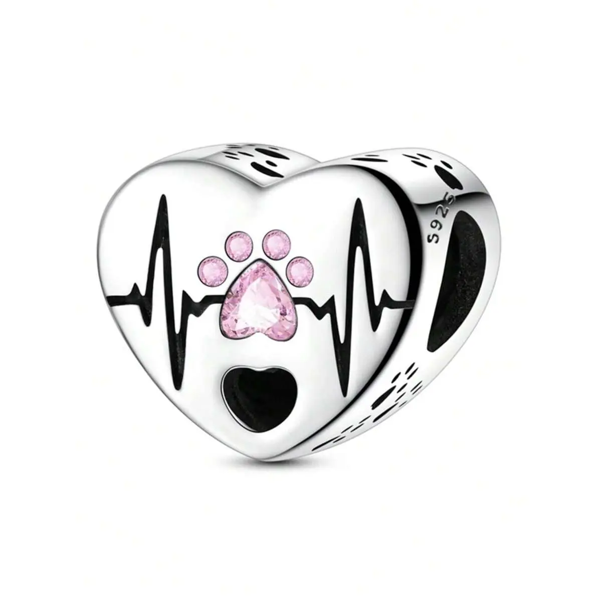 Silver Plated Heartbeat Heart & Paw Print DIY Beads Pendant, Suitable For Bracelets, Necklaces, Pet Mom Gifts