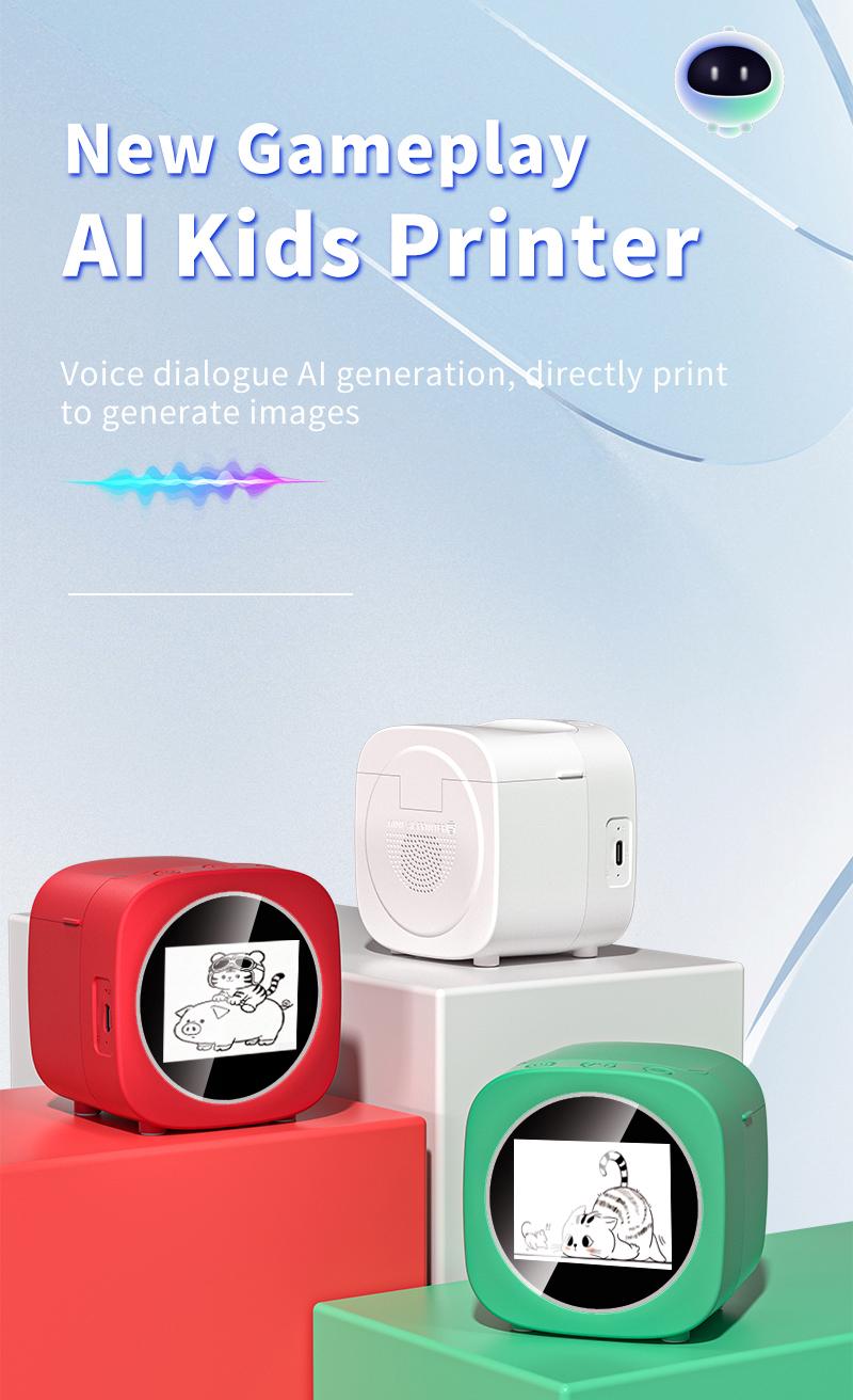 AI Voice Mini Sticker Printer box Photo Drawing robot  Wireless Portable Smart  Kids Imagination Learning Toy DIY Craft Home Office Essential-YY Switch Role Alarm Clock Perpetual Calendar  Electronic ideal birthday gift educational learning toytablet