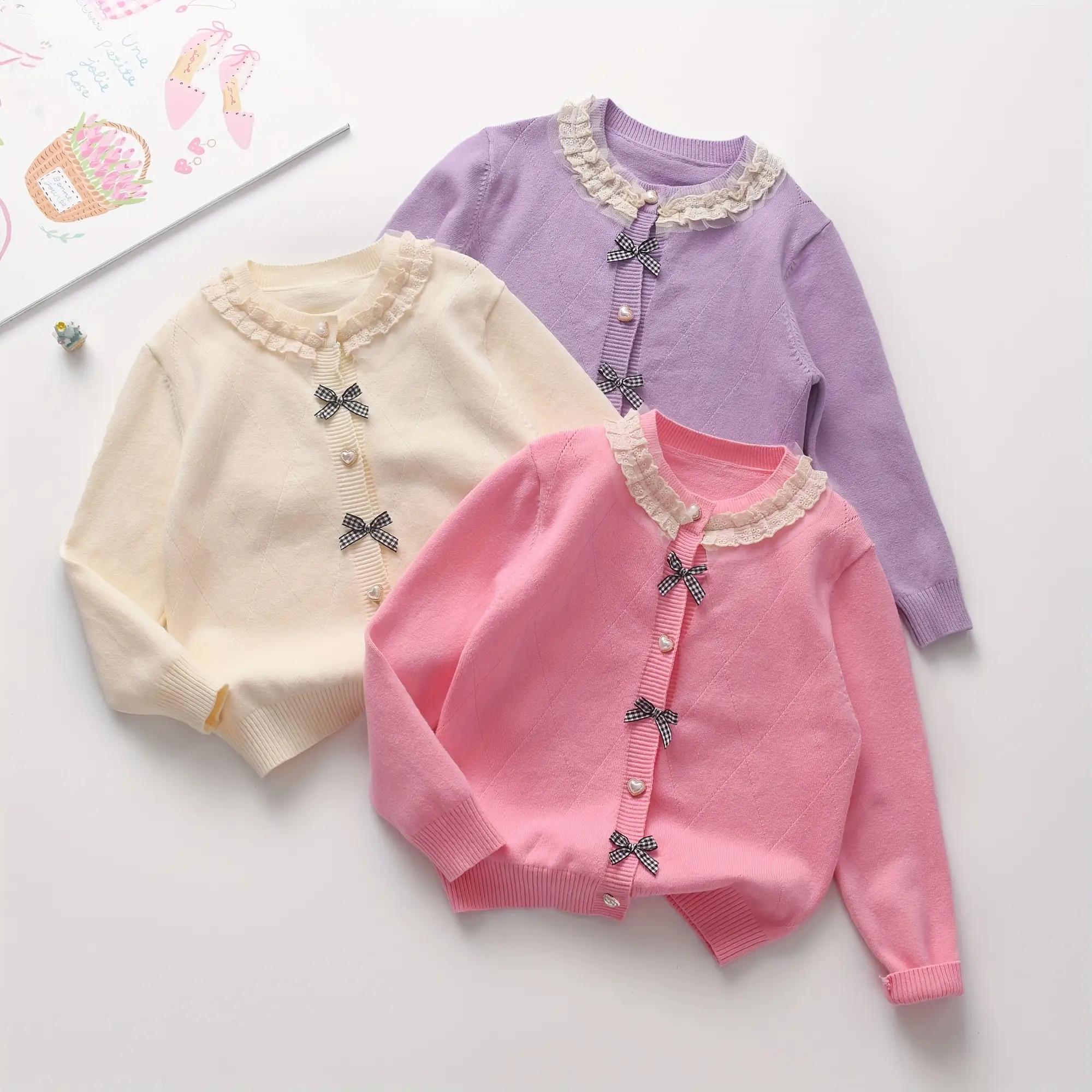 Girls' Elegant Knit Cardigan Sweater - Beige & Black Bow Accent Sweater, Soft Long Sleeve Button-Front Closure, Warm Breathable Sweater for Spring/Fall, Perfect for Everyday, Parties, School, and Outdoor Activities - Girls' Sweater, Party Outfit, Classic