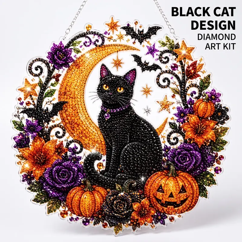 Halloween Diamond Painting Kit, Black Cat, Moon & Skull Pumpkin Acrylic Art Set, DIY Paint with Diamonds for Kids and Adults Festive Craft Gift, DIY Kits