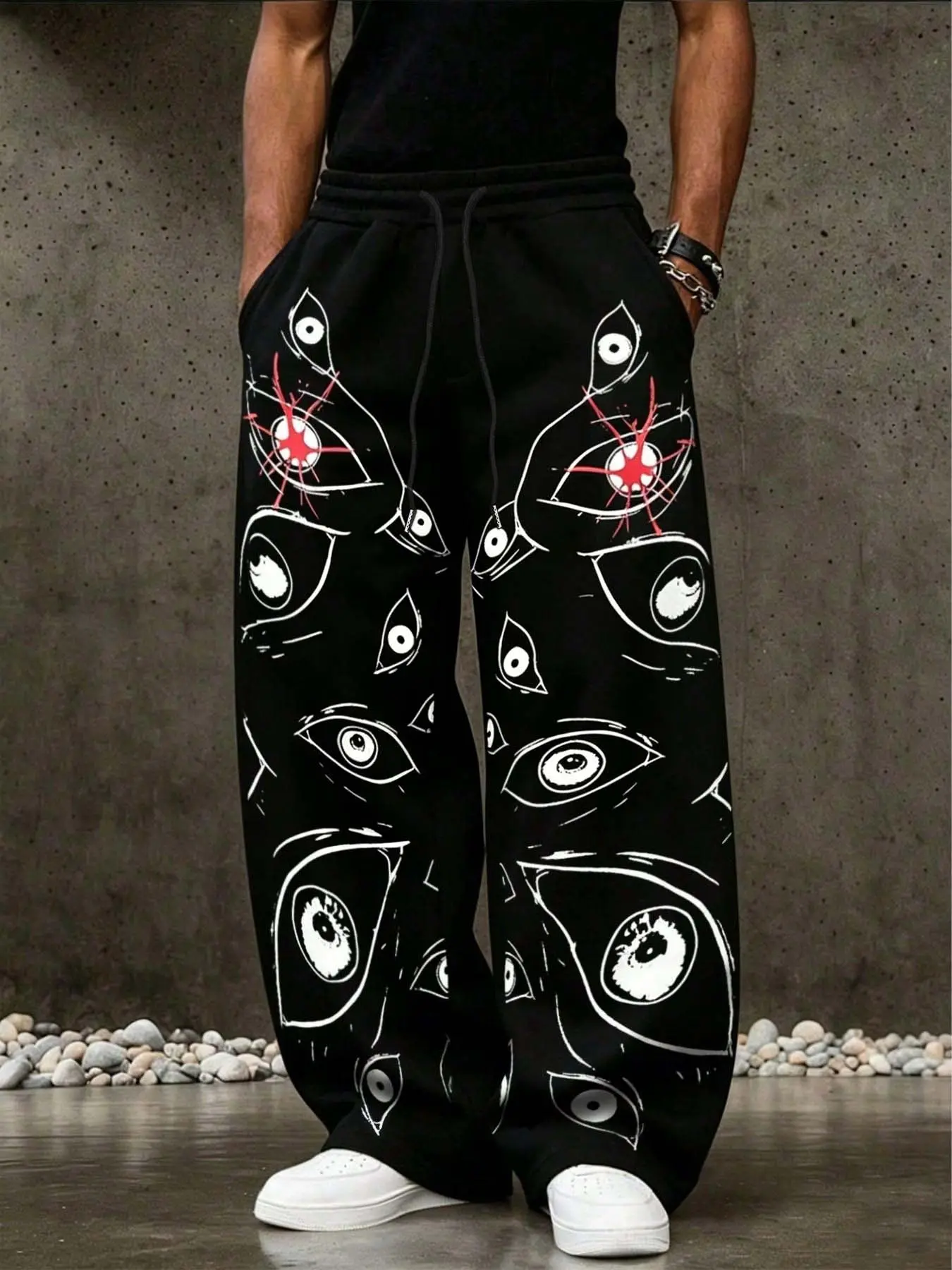 Anime Devil Eye Graphic Baggy Pants Unisex Dark Aesthetic Gothic Sweatpants Loose Fit Drawstring Track Pants High Street Wear Cyber Hypebeast Trousers for Club Concert Outfits