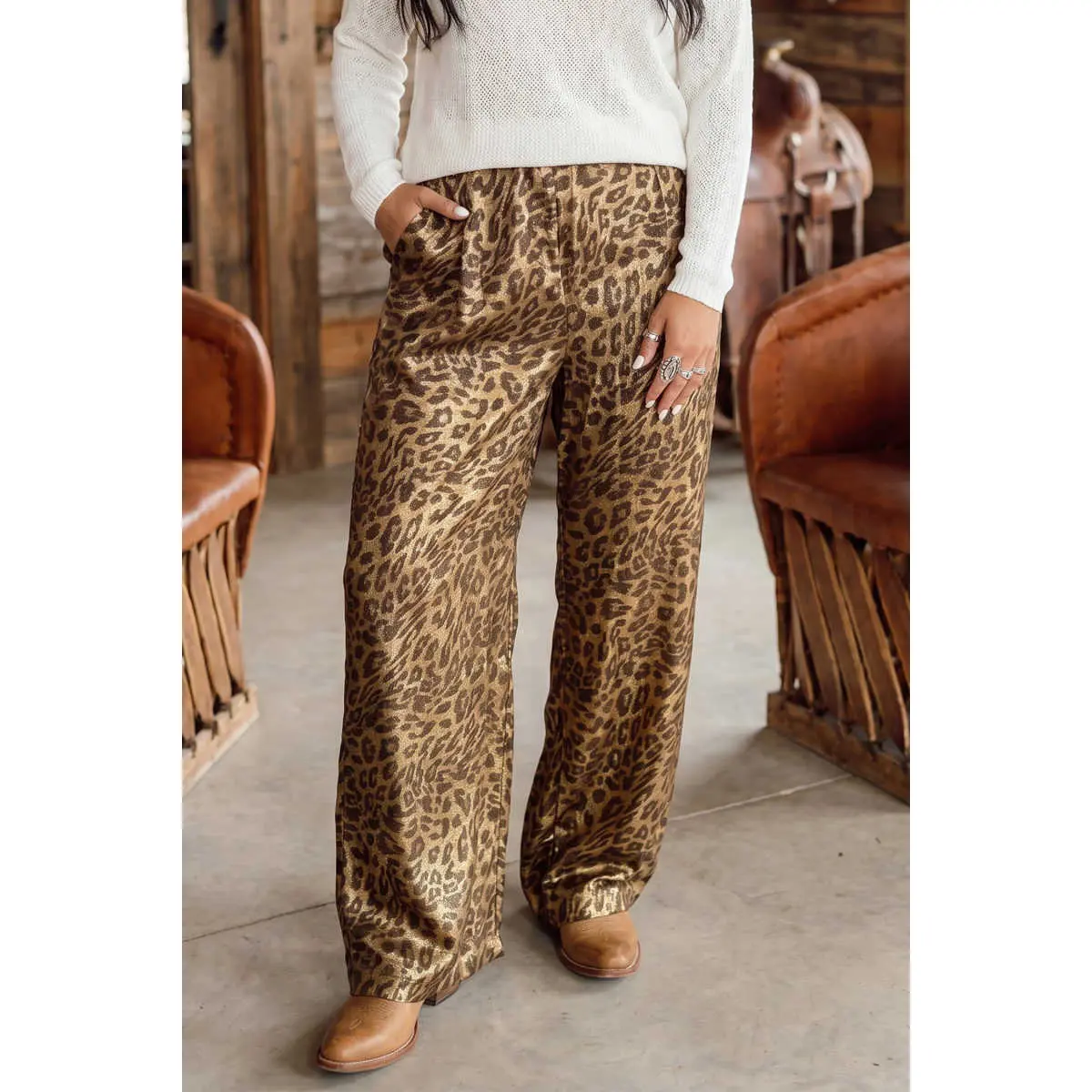 Multicolour Leopard Print Western Style Wide Leg Full Length Pants