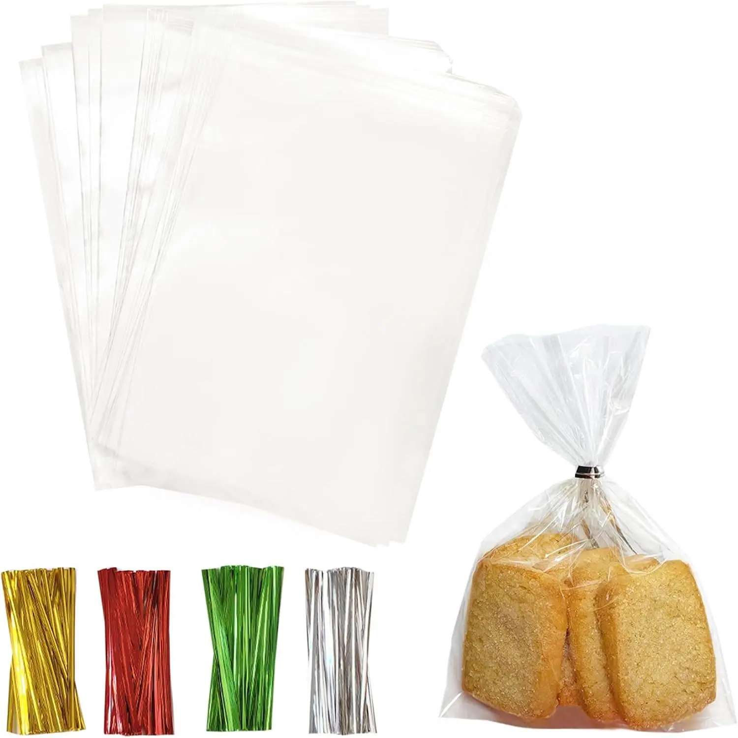 100 count Cellophane  Bags: 4 x 6 Inch Clear Cellophane  Bags for Goodie Candy Snacks Cookies  Packaging with 4 Colors Twist Ties for  Wrapping Party Favors