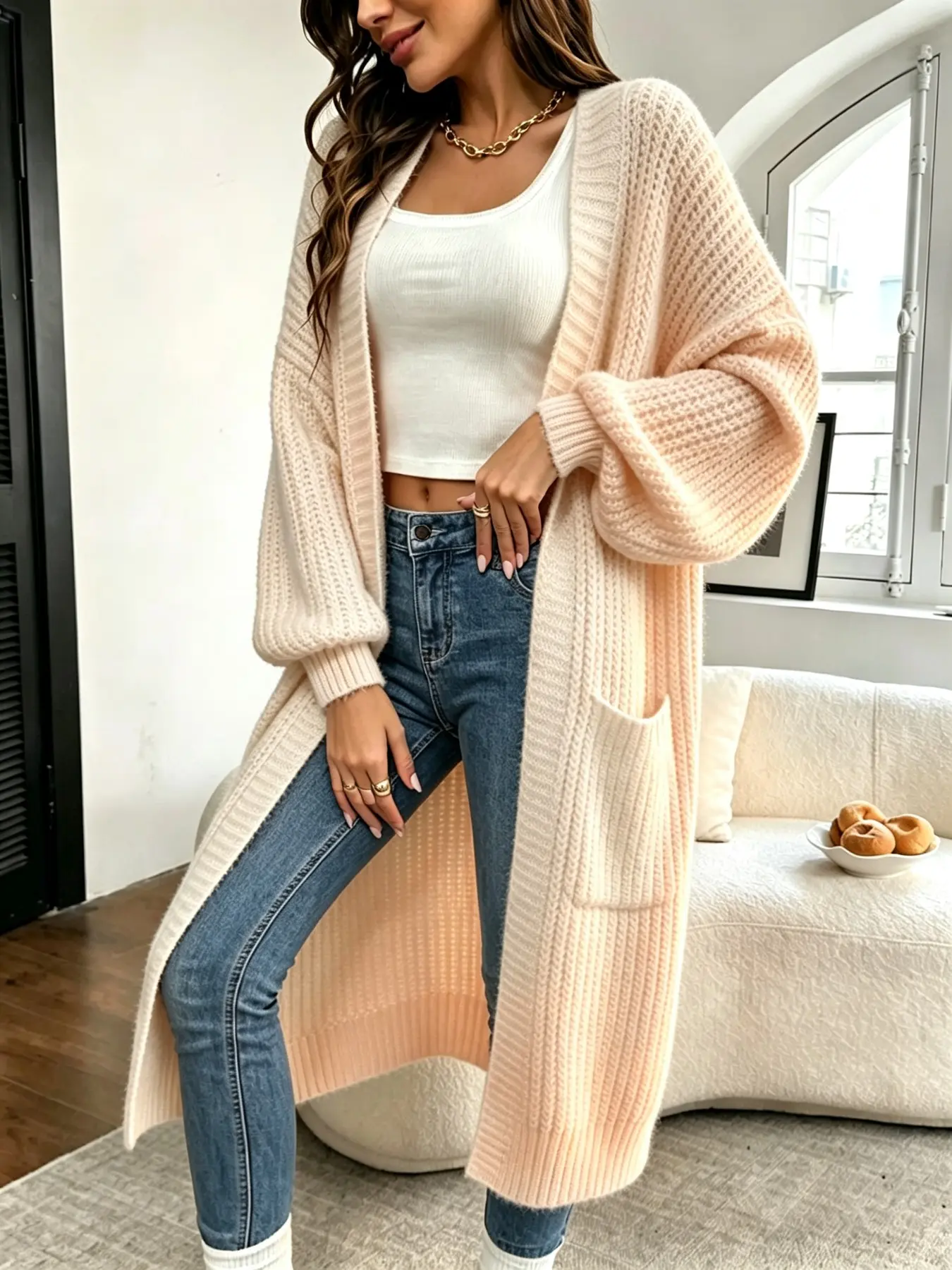 Women Coquette Aesthetic Long Chunky Knit Cardigan TikTok Viral Oversized Lantern Sleeve Open Front Sweater with Pockets, Soft Loose Lounge Layer Coat for Fall Daily Street Casual Outfits