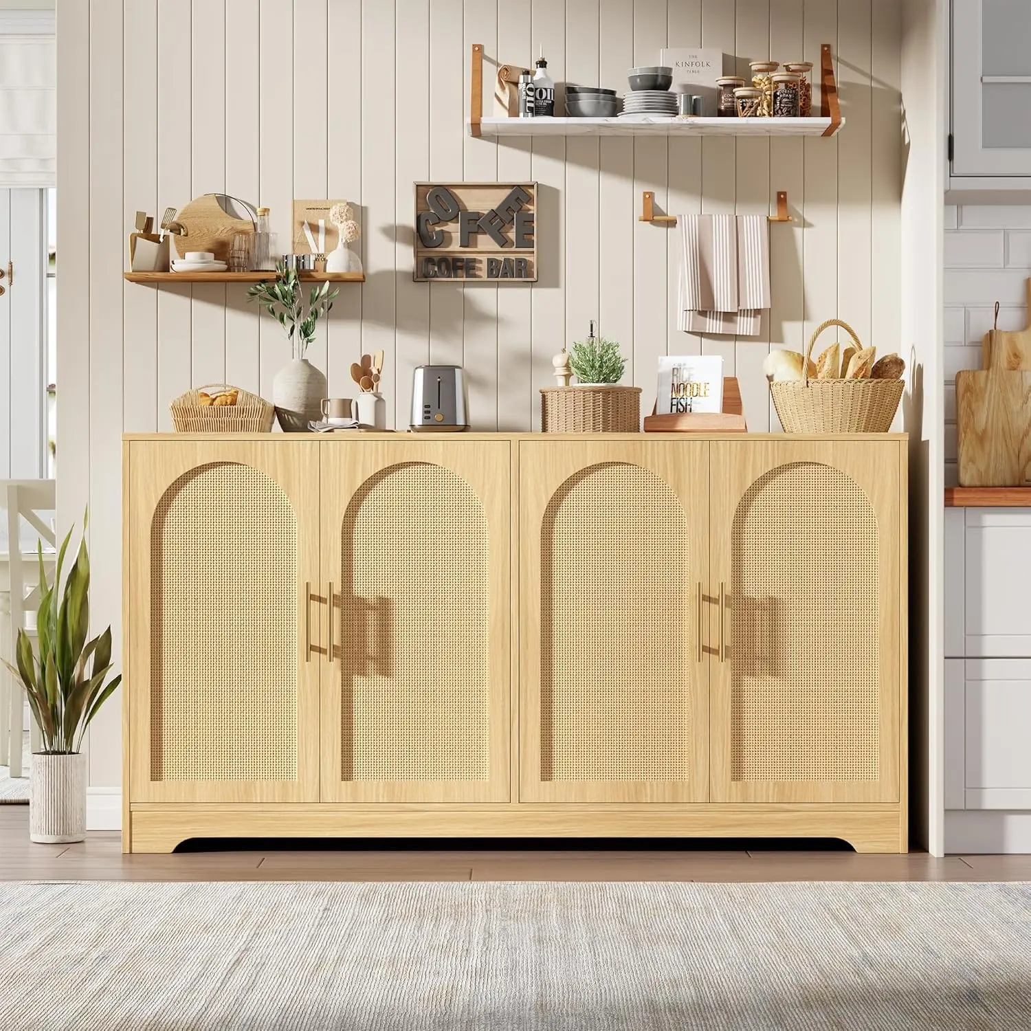 Modern Rattan Sideboard Buffet Cabinet - 4 Doors, 59" Large Storage Credenza, Fixed Interior Shelf, Metal Handles - Console Table for Living Room, Dining Room