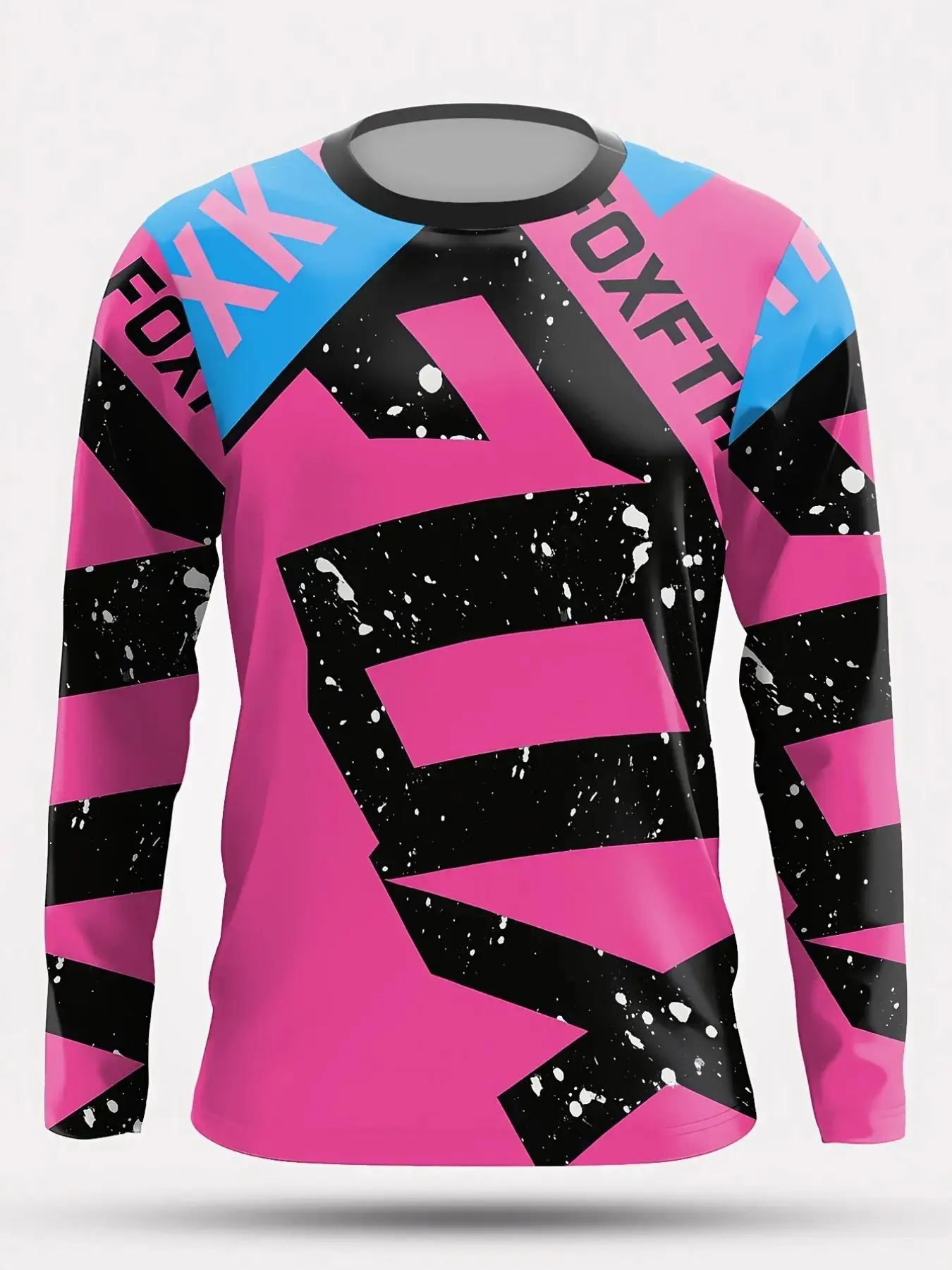 Blue Geometric MTB Long Sleeve Top, Casual Loose-Fit Print Tee, Breathable Stretch Fabric, Mountain Biking Shirt