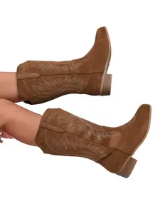 Women's Fall Winter Retro Embroidered Western Cowboy Boots, Suede Pointed Toe Mid-Calf Boots, Thick Heel Slimming Knight Boots