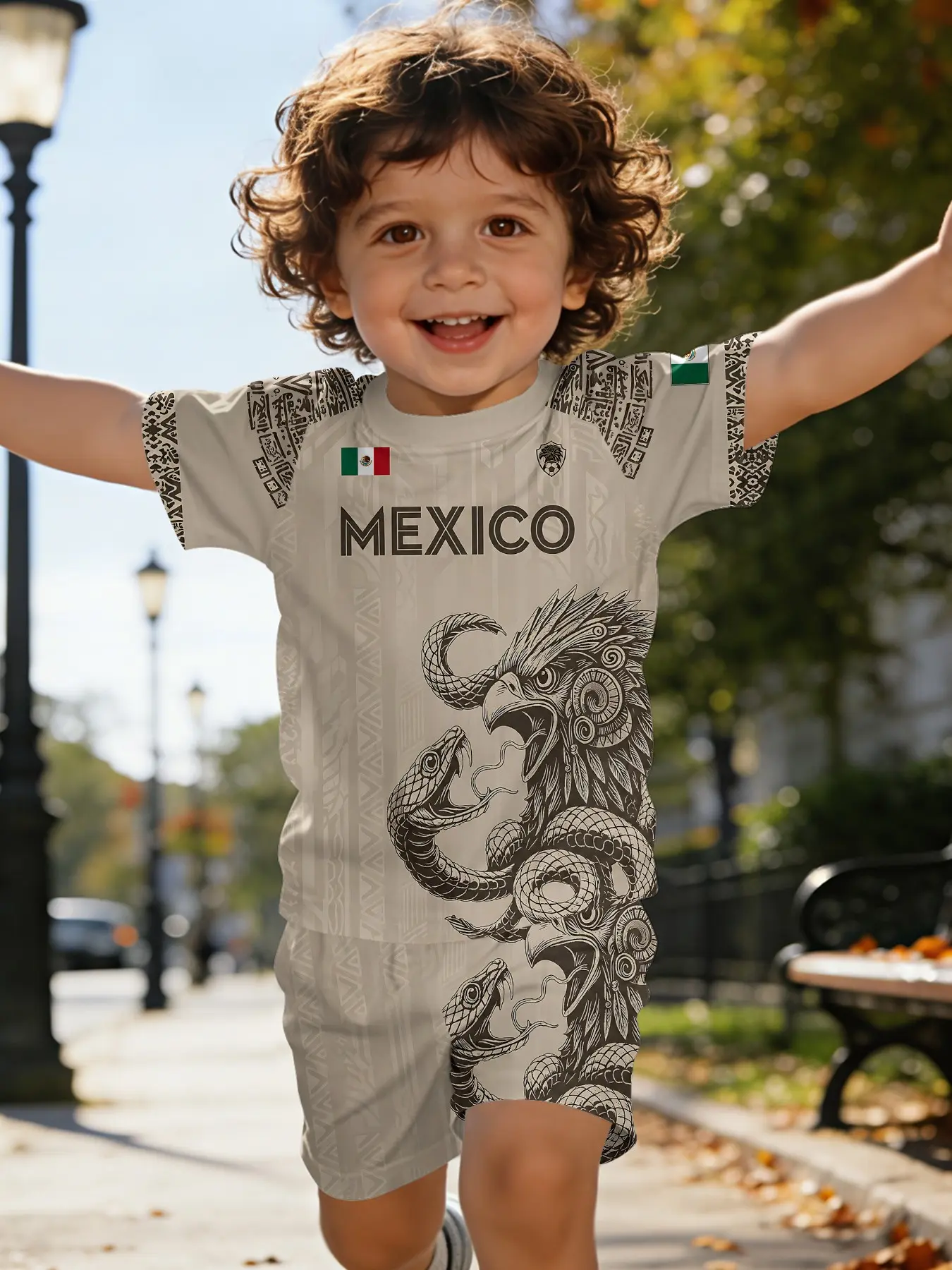 Retro eagle and snake totem print short-sleeve casual outfit for baby boys with light base, casual kids' clothing for infants, Baby Boy Clothes, T-shirt suitable for daily wear and outdoor activities. Made of 100% polyester, an ideal gift for babies!