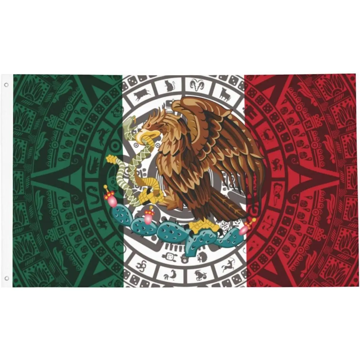Mexico Flag Vertical Green-White-Red Panel Banner, 60x90cm/2x3ft, Full Aztec Mayan Calendar Pattern, Central Eagle-Snake-Cactus Coat of Arms, Lightweight Latin American Cultural Collectible for Party, Garden, Outdoor Decoration, Wall