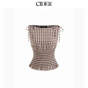 Cider Boat Neck Gingham Shirred Lettuce Trim Knotted Tank Top SummerFinds