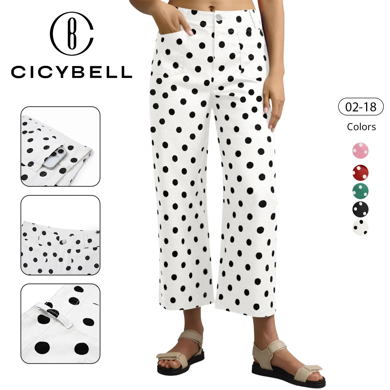 Cicy Bell Womens Cropped Striped Jeans Casual High Waisted Stretchy Polka Dots Straight Leg Denim Pants with Pockets