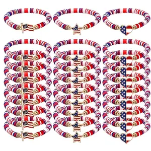 Bulk 24pcs USA-Themed Women' Stretch Bracelets - Retro Bohemian Flag Beads, Polymer Clay Suitable for 4th of July, Red White Blue Gift for Parties, Casual Attire, Year-Round Wearable for Holidays & Daily
