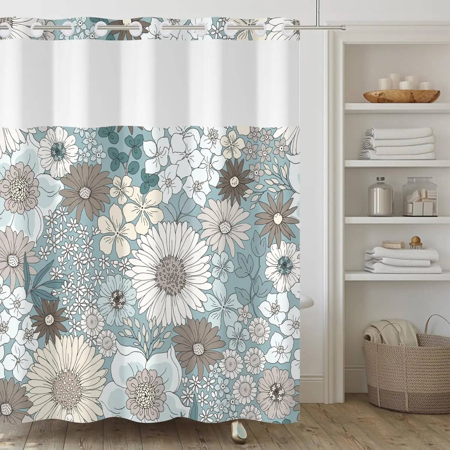 Hookless Modern Floral Shower Curtain, Blue Boho Flower-Layered Design with Snap-In Mesh Liner and Weights, 71x74in Floral Shower Curtains for Bathroom, Hookless Shower Curtain