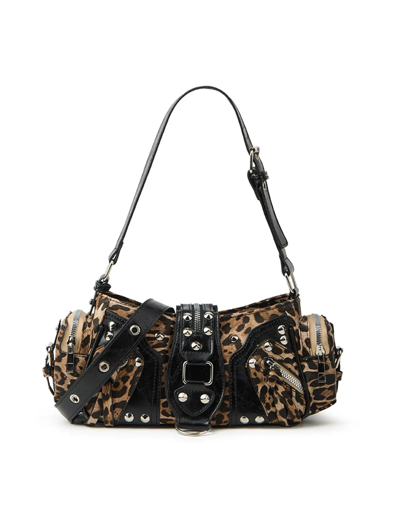 Y2K Leopard Print Rivet Moto Underarm Bag, Punk Multi Zipper Side Pocket Shoulder Bag, Vintage Spicy Girl Crossbody Handbag, Fashion Daily Streetwear Small Cylinder Purse For Women, Fashion Crossbody Bags