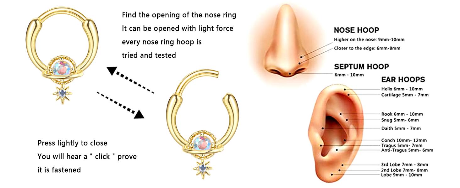 LOYALLOOK 16Pcs 16G Septum Ring Hoop for Women Men Surgical Steel Dangle Septum Jewelry Septum Clicker Horseshoe Nose Rings Hoop Hinged Segment Daith Helix Tragus Cartilage Earrings Piercing Chain Snake Butterfly Spiked Teardrop Opal Glamorous Sparkling