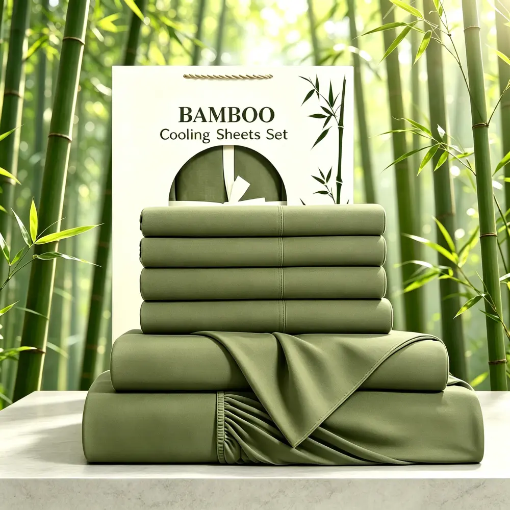 MUXHOMO 4/6 PCS Ultra Cooling & Soft Bamboo Sheet set, Comfortable, Luxury, Wrinkle Resistant Bed Set, Fitted Sheet, Flat Sheet, Pillowcases, 14 Inch Deep Pocket, Cool Sleeping Experience, Suitable for Hot Sleeper, Ideal for Hotels, Dormitories, Homes.