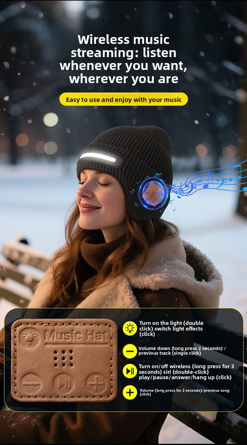 New USB Charging Light-Up Bluetooth Headphone Hat Outdoor Warm Knitted Ear Protection Hat Wireless Music Colorful Light Design Unisex Fashionable Casual Flashlight Hat for Christmas Holidays