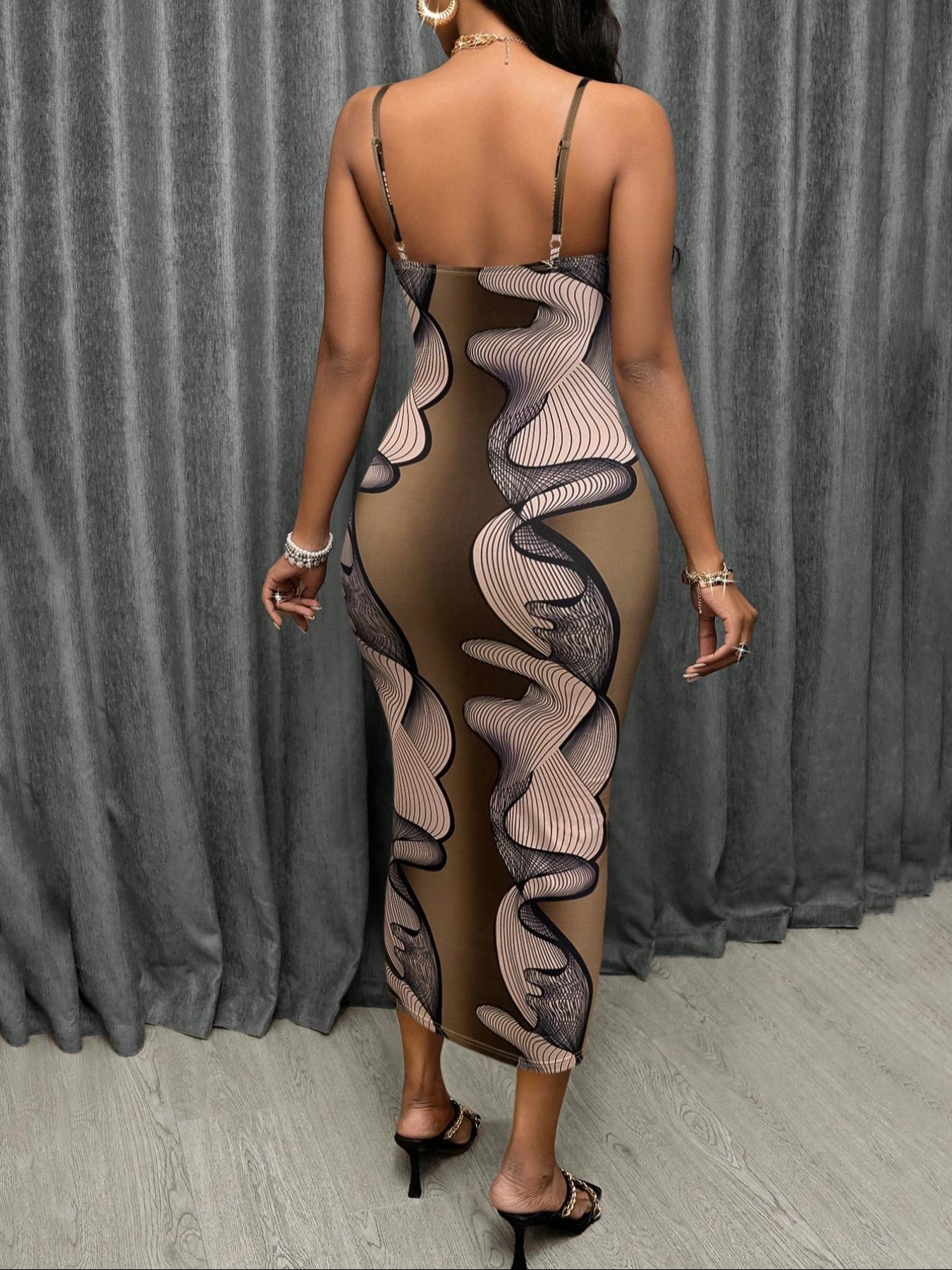 Women's All Over Print Cami Bodycon Fit Dress, Fashion Casual Sleeveless Dress for Party Club Dating Wear, Women Dress for Summer