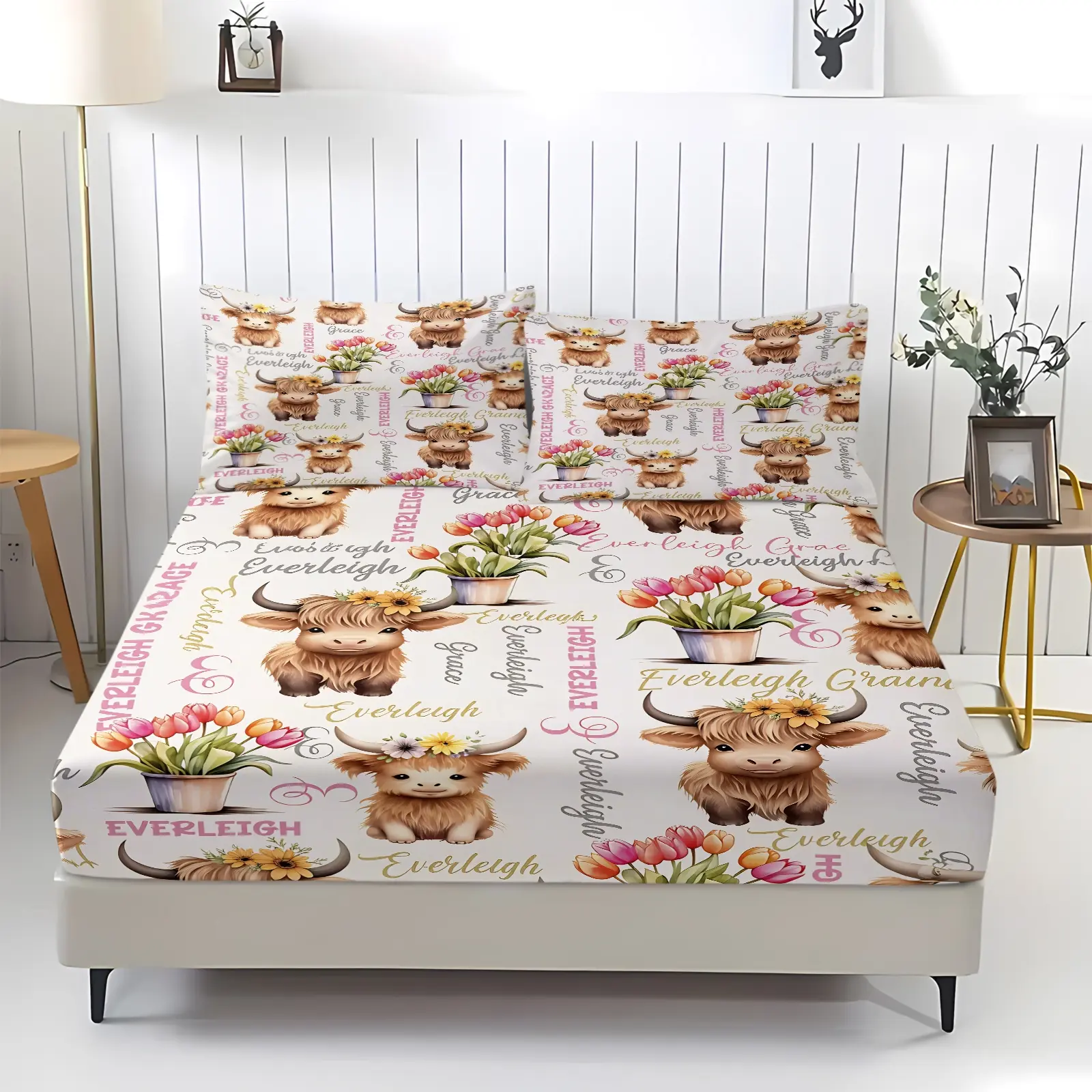 Cartoon Highland Cow Print Bed Fitted Sheet Set, Includes 2 Pillowcases, Custom Name Design, Soft Comfy Bedding, Breathable Fabric, Perfect Gift for Kids