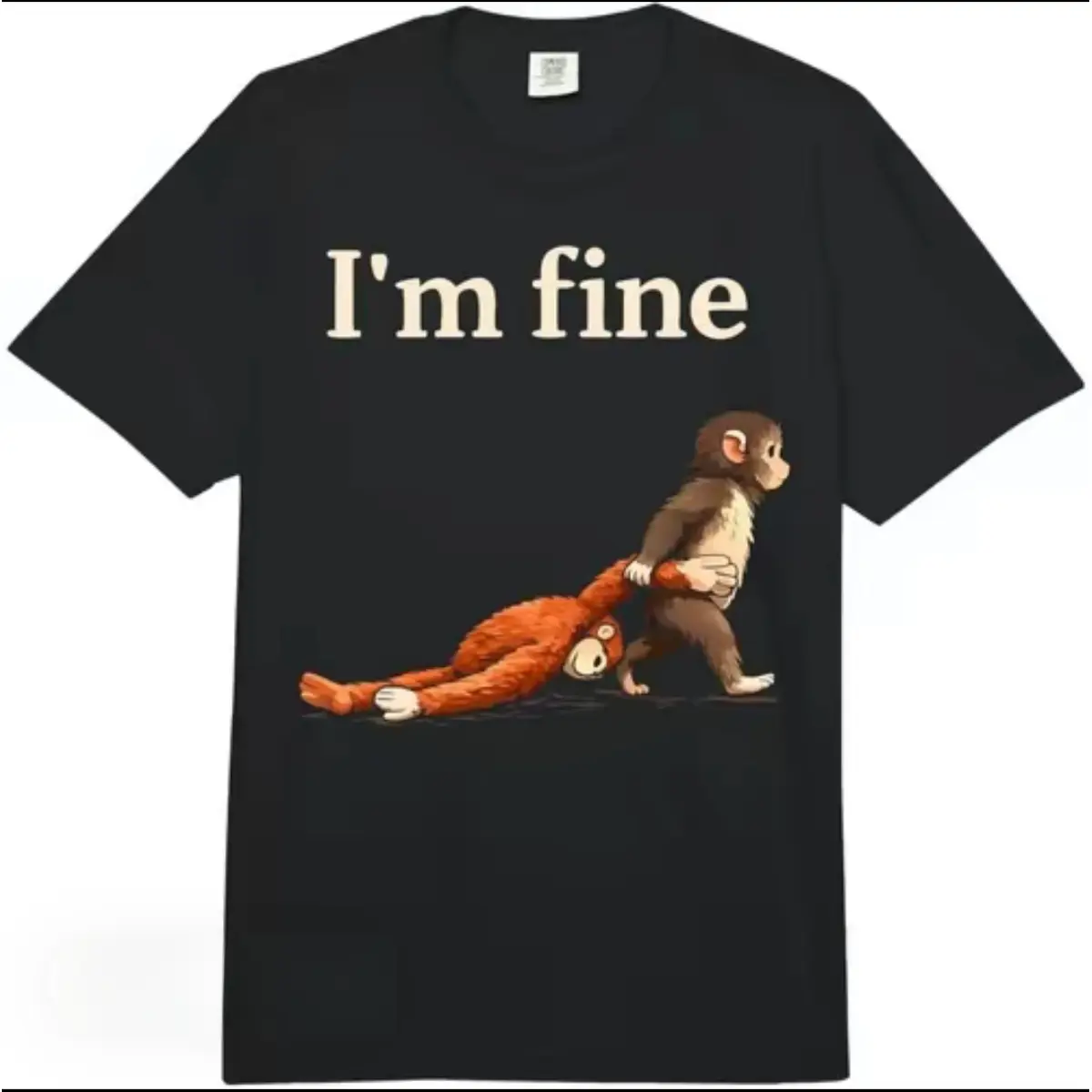 Unisex Classic Round Neck Short Sleeve T-Shirt, Funny "I'm Fine" Monkey Graphic Casual Humor Sports Top
