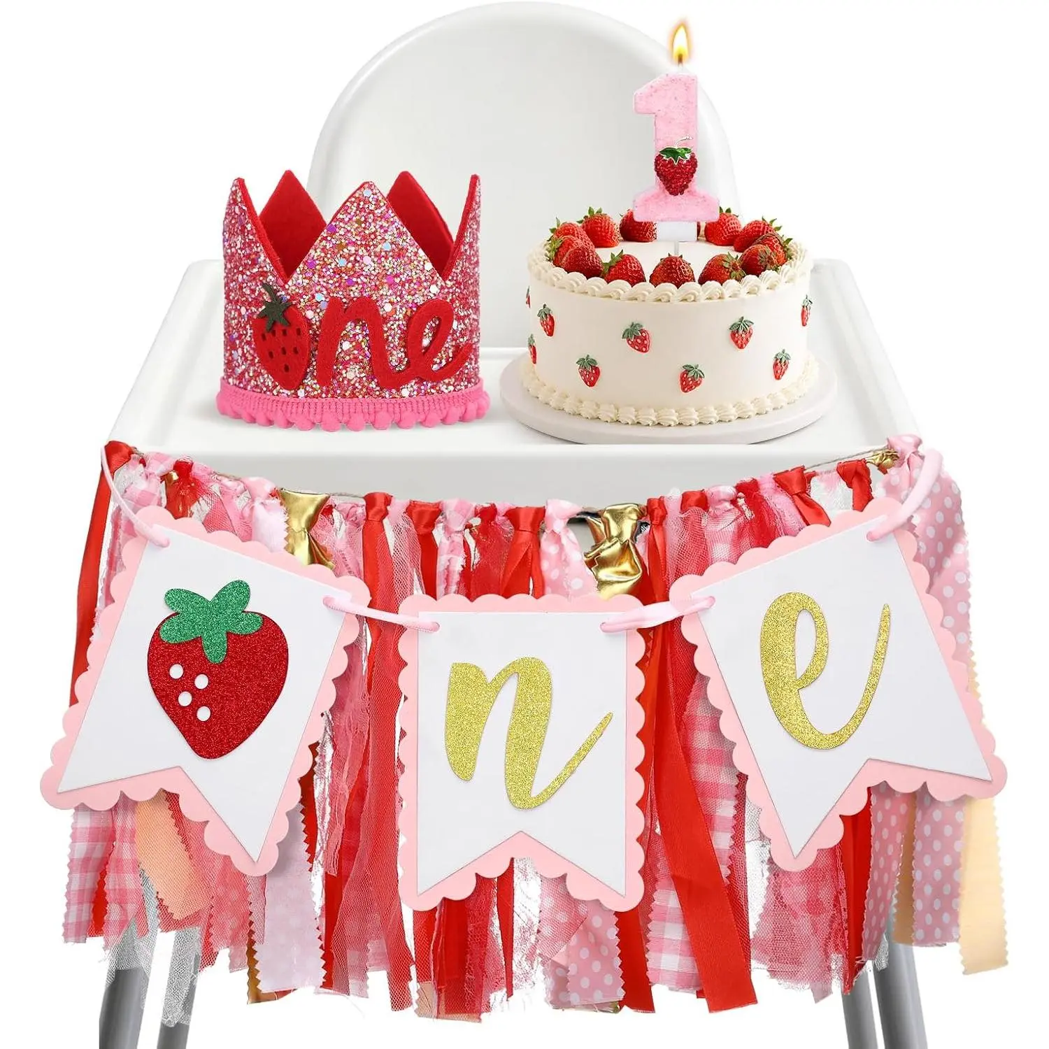 DERTE Berry First Birthday Decor Strawberry 1st Birthday Decorations Girl | One High Chair Banner, Birthday Hat Crown, Number 1 Candle Pink Glitter Cake Topper for Baby Shower Photo Props