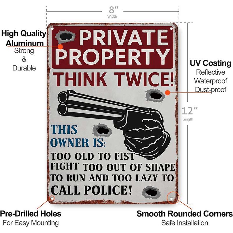 "Private Property - Think Twice!" Vintage Aluminum Metal Sign - 12x8in Funny Home Protection Wall Decor Hanging Lazy Safety Signage