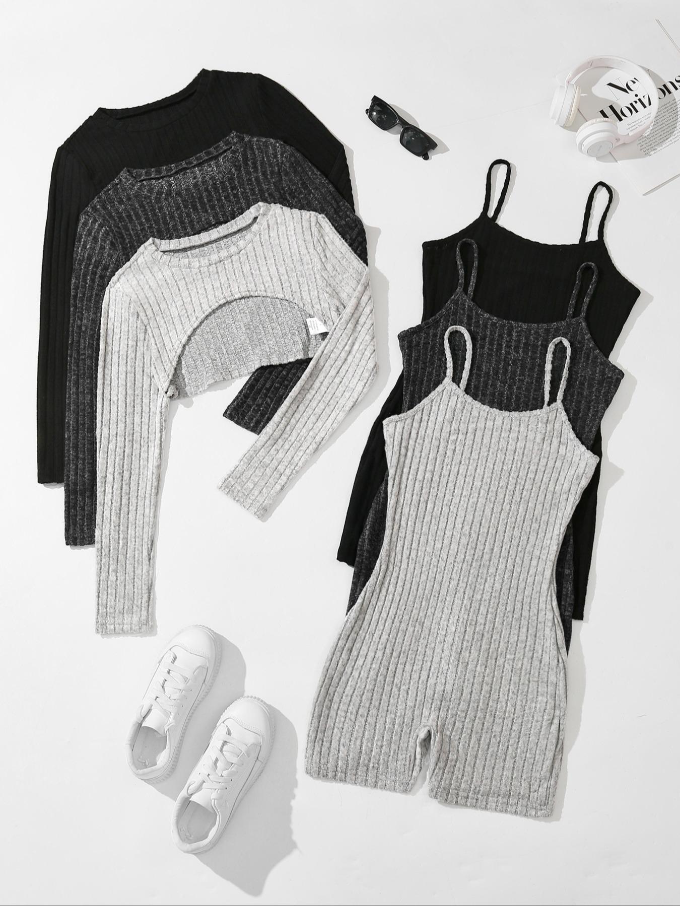 Women's Solid Ribbed Crop Top & Romper Set, Casual Basic Fashion Minimalist Cozy Top & Romper for Daily Outdoor Wear, Ladies Clothes for All Seasons, Fitted