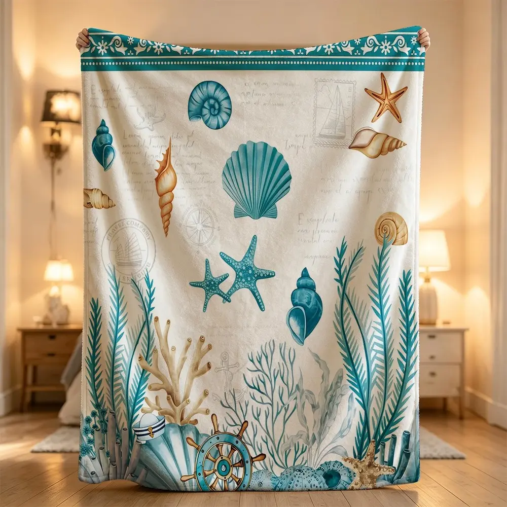 Ocean marine sea nautical shell coral starfish helm Flannel blanket, sofa leisure blanket, bed blanket, Plush Throw Blanket,Cozy Soft Lightweight Blanket,Boho Decorative Throw Blanket