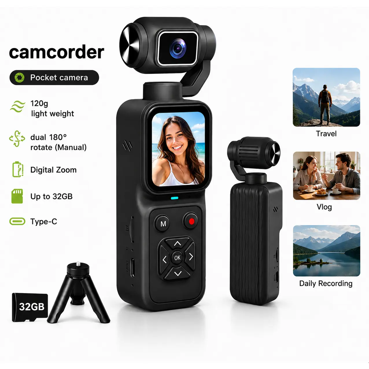 Compact Portable Beginner Video Blog Camera - 180° Rotatable Lens, 32GB Memory Card, Flip Screen, Built-in Stabilizer, USB Rechargeable for Travel, Selfies, Recording