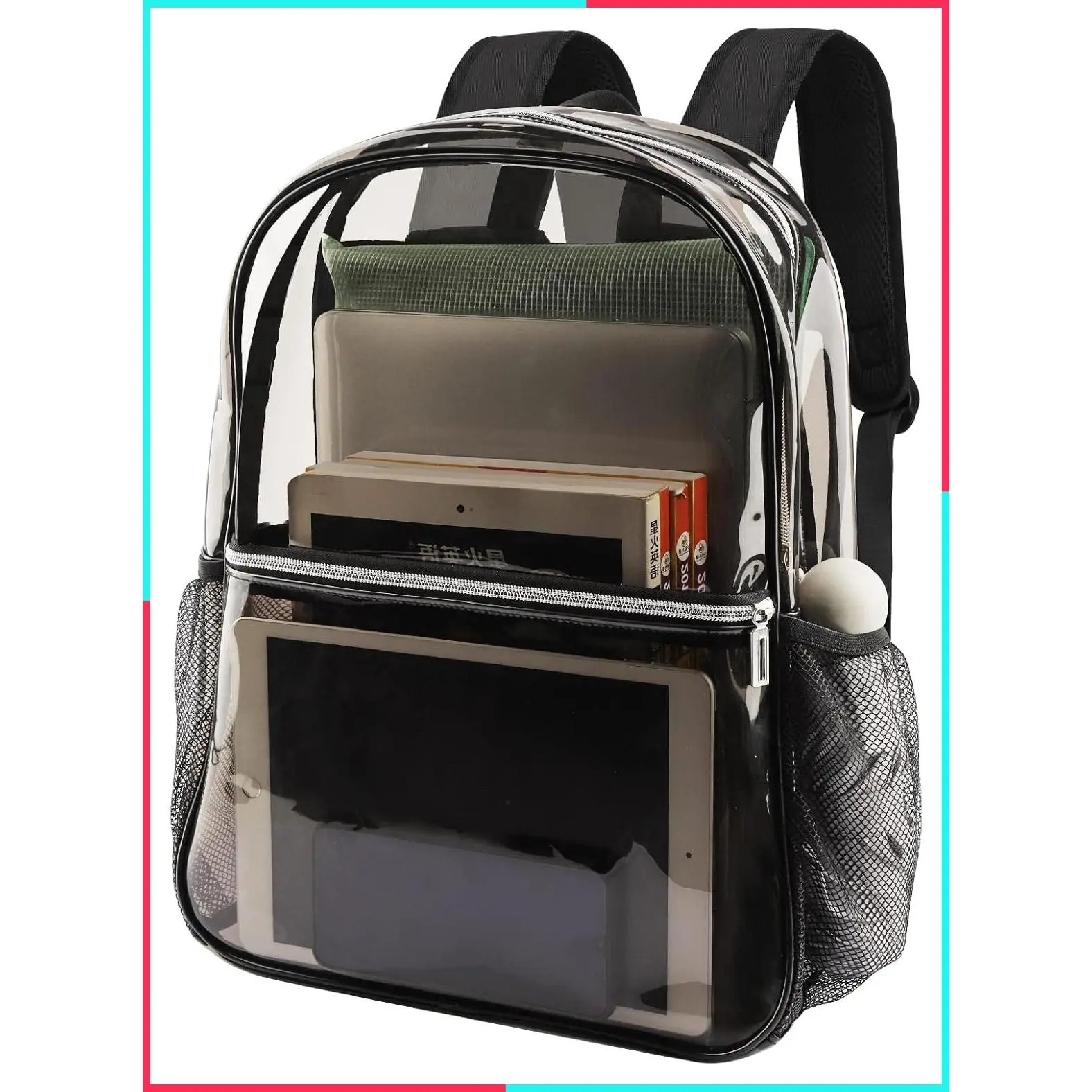 Heavy Duty Clear Backpack TPU 17.2 Inch Transparent Bookbag for School College Work Travel, Large See Through Backpack with Laptop Compartment, Reinforced Padded Straps, Black