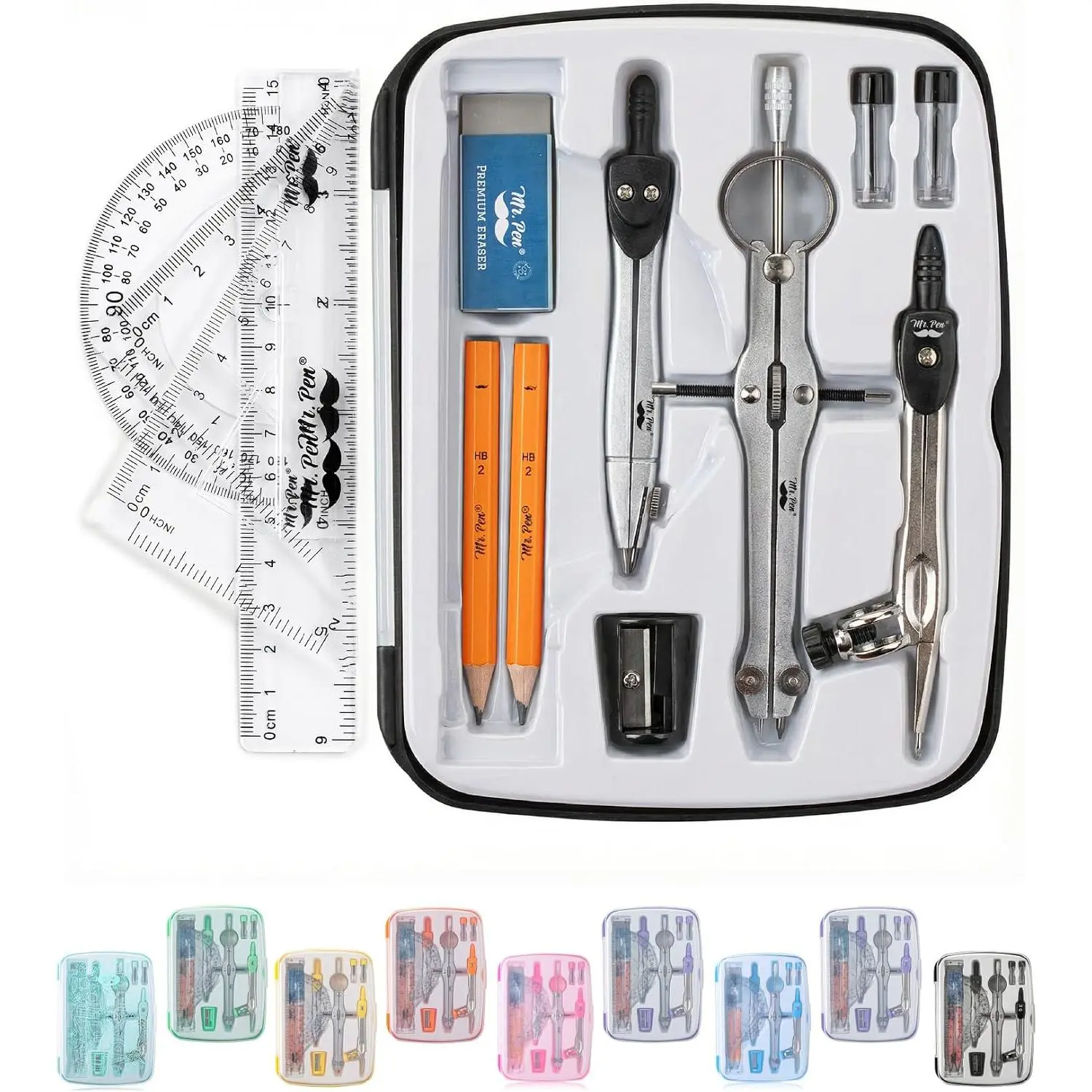 - Geometry Set, 13 count, 3 Metal Compasses, Protractor, 6" Ruler | 45° & 30°/60° Set Squares, cils, Lead Refills, Sharer & Eraser for Math, Drafting & Classroom Use