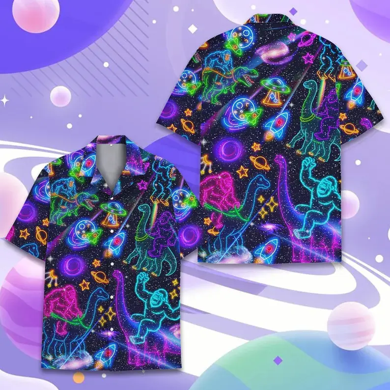 Funny Neon Dinosaur Hawaiian Shirt for Men Women Youth, Colorful Space UFO Button-Down Short Sleeve Shirt, Summer Galaxy Party Shirt