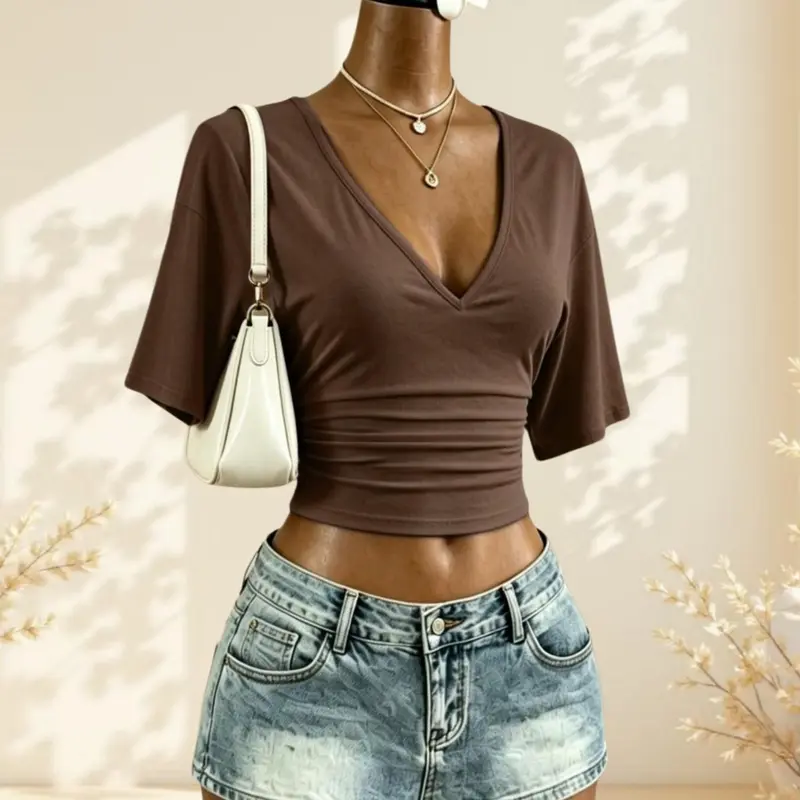 Women's Casual Fitted T-Shirt, Plain Surface Short Sleeve Top, High Waist Slimming Design, All-Season Basic Tee, Casual Basic Tees, Batch Number 26107