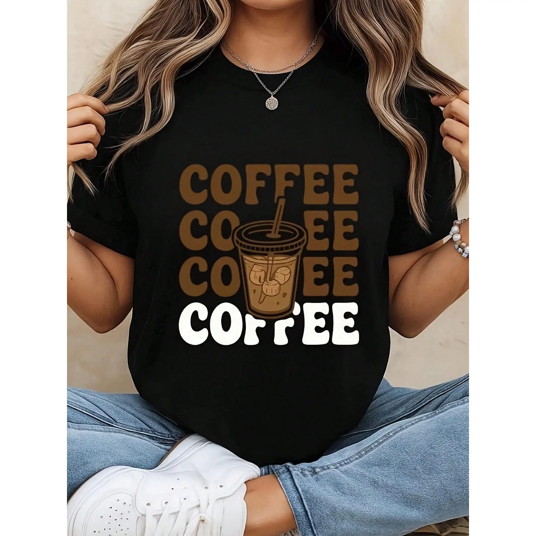 100% Cotton Graphic T-Shirt, Unisex Loose Fit Funny Coffee Pullover for Baristas, Casual Knitted Short Sleeve Top, Piece, Fabric, Round Neck, Daily Wear