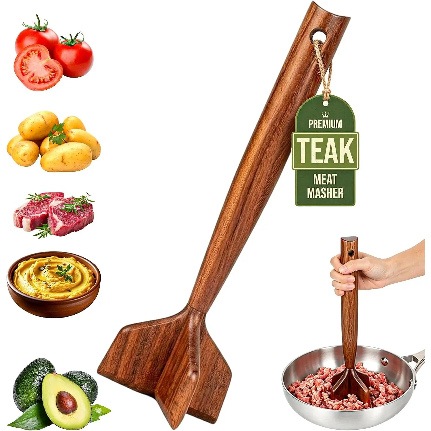 Teak Wooden Meat ,   Tool, Hamburger Smasher,  Masher & Chicken Shredder, Durable  Meat Pounder Kitchen Utensil, Cooking Gadget 10.7 Inches(RedTeak)
