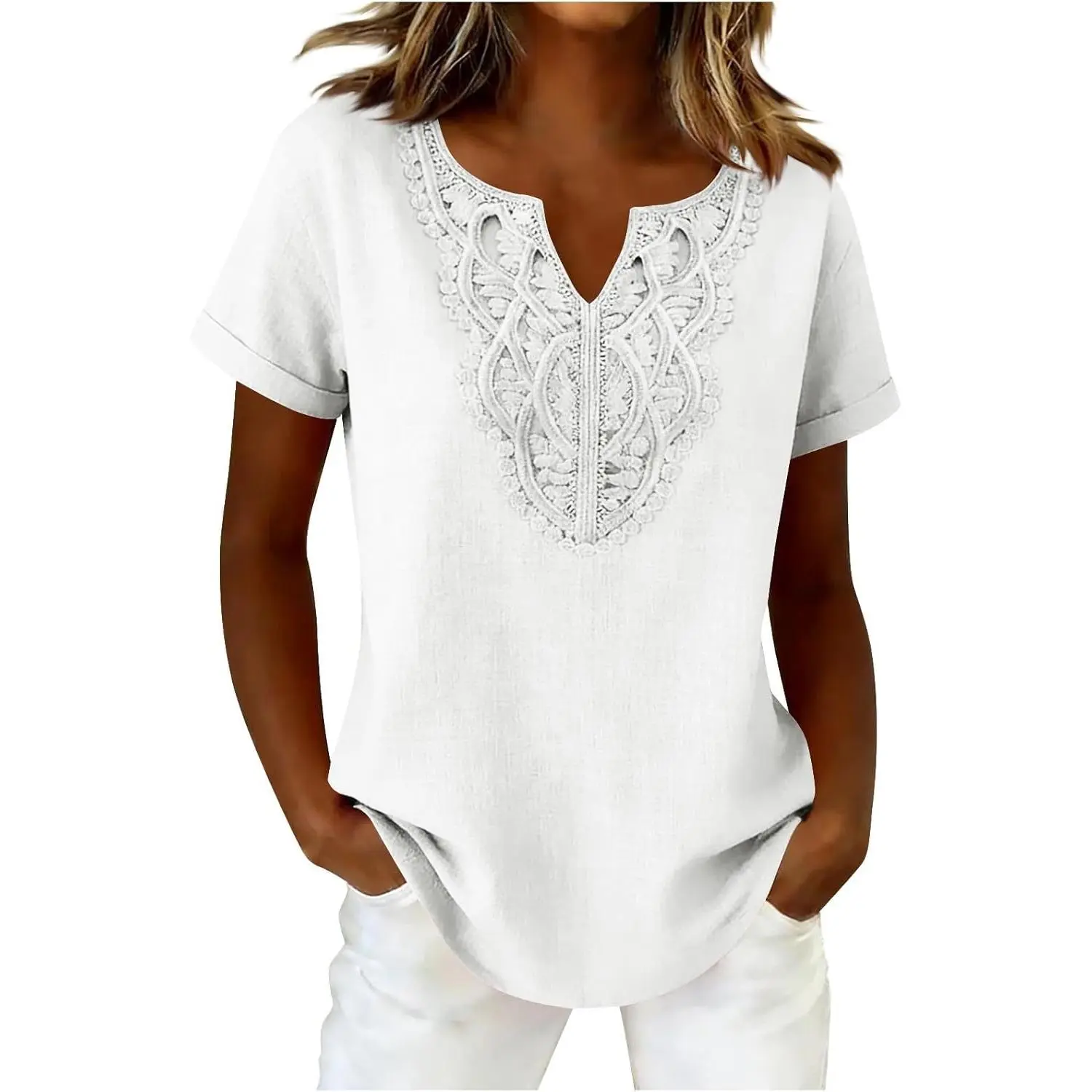 Summer Tops Casual Cotton Linen Short Sleeve Cut V Neck Lace Boho Peasant Tops Trendy Gauze Shirts