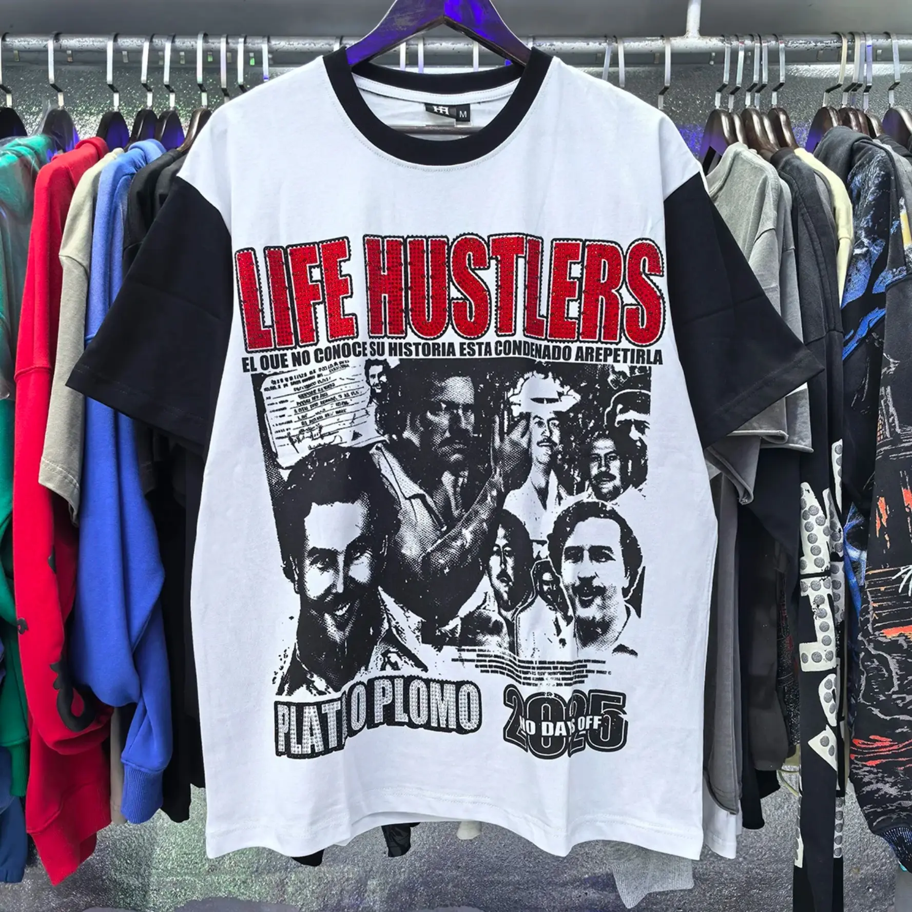 Life Hustlers Rhinestone Printed Graphic T-Shirt 100% Cotton Loose Oversized Y2K Shinning Diamond Short Sleeve Tees Autumn Casual Streetwear Top Men Women Unisex