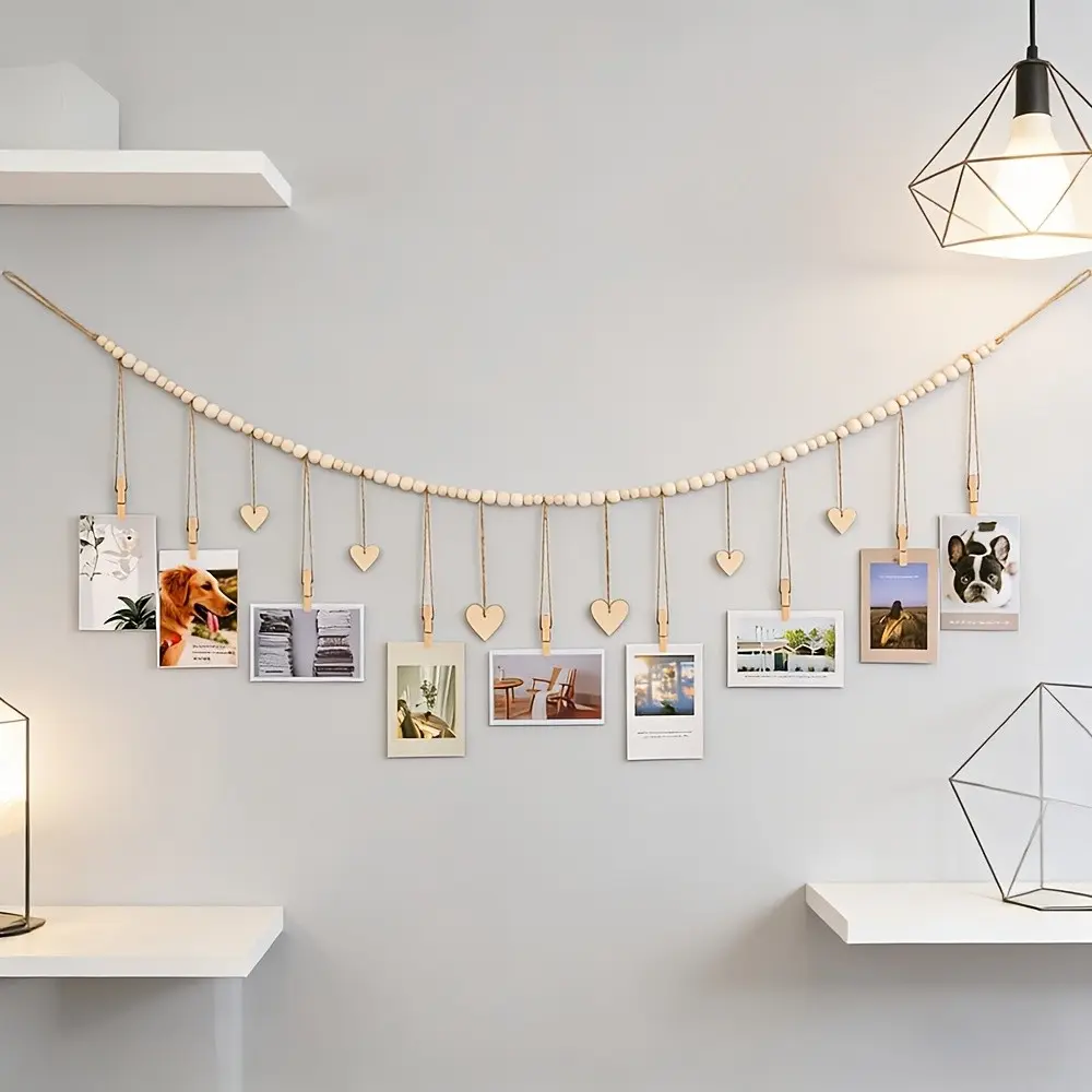 Wooden Bead Photo Holder with Clip, Heart-Shaped Photo Display Rope, Ideal for Bedroom Wall Decor, Home Decoration Accessories