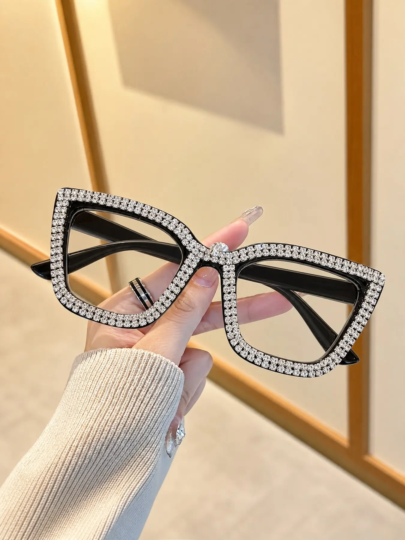 Women's Luxury Rhinestone Cat Eye Glasses Frame, Sparkling Diamond Square Optical Glasses, Blue Light Blocking, Fashion Decorative Glasses