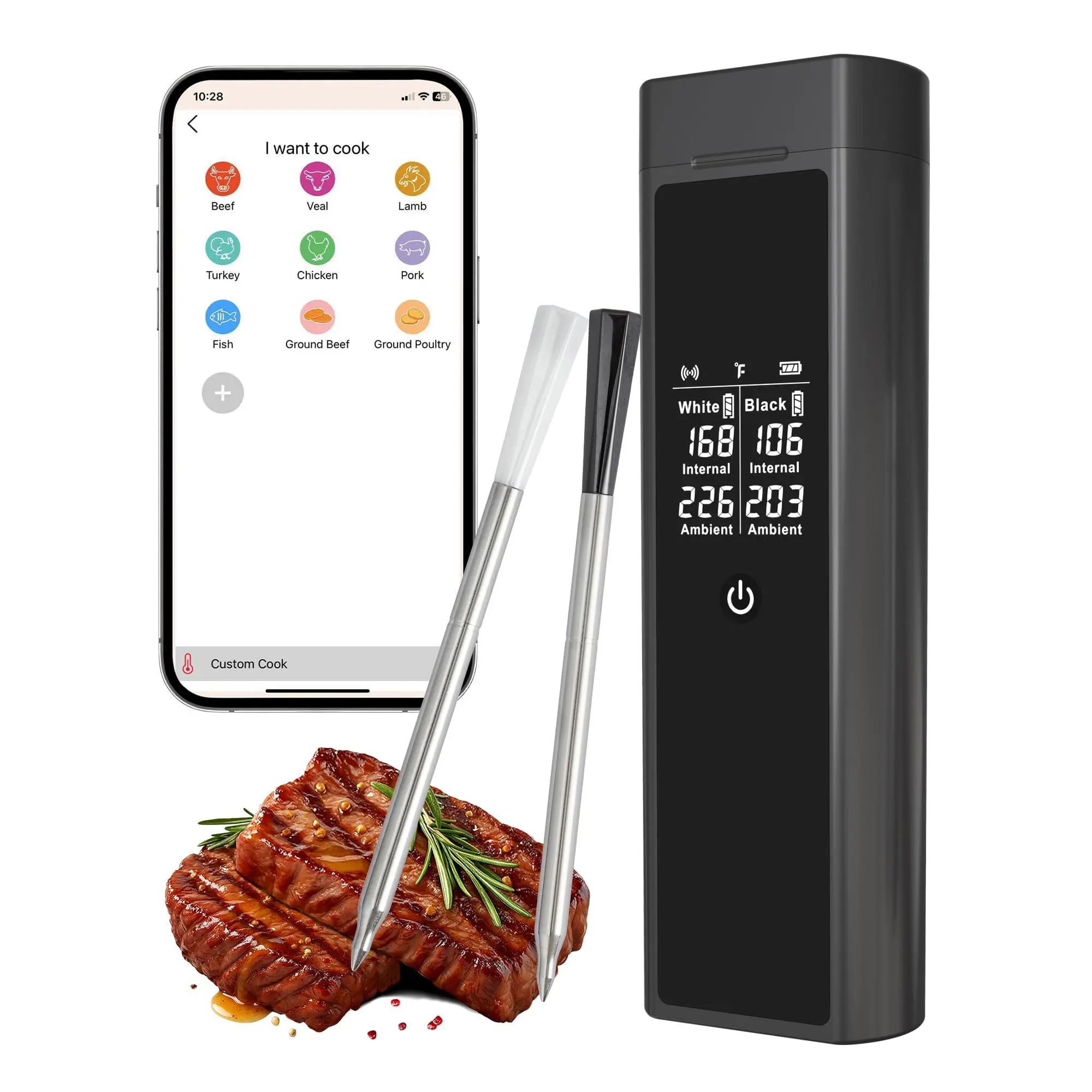 Garvee Wireless Bluetooth Meat Thermometer with Smart Dual Probes, Digital Display, 572°F Max Temperature, 820ft Remote Monitoring Range, and 48-Hour Battery Life for BBQ, Grilling, and Smoking