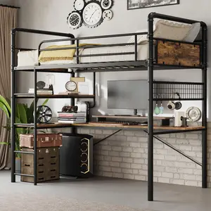 Garvee Loft Bunk Bed with L-Shaped Desk, Twin Loft Bed with Desk Underneath, Metal Bunk Beds with High Guardrail and Ladder for Teens and Adults, Easy Assembly, Vintage Brown Finish