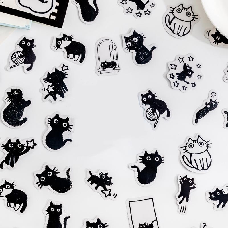 45pcs/box Cartoon Black Cat Pattern Sticker, Cute Pet Play Daily Pattern Self-adhesive Sticker, Decorative Sticker for Phone Case Computer Guitar Bag Water Cup Scrapbook