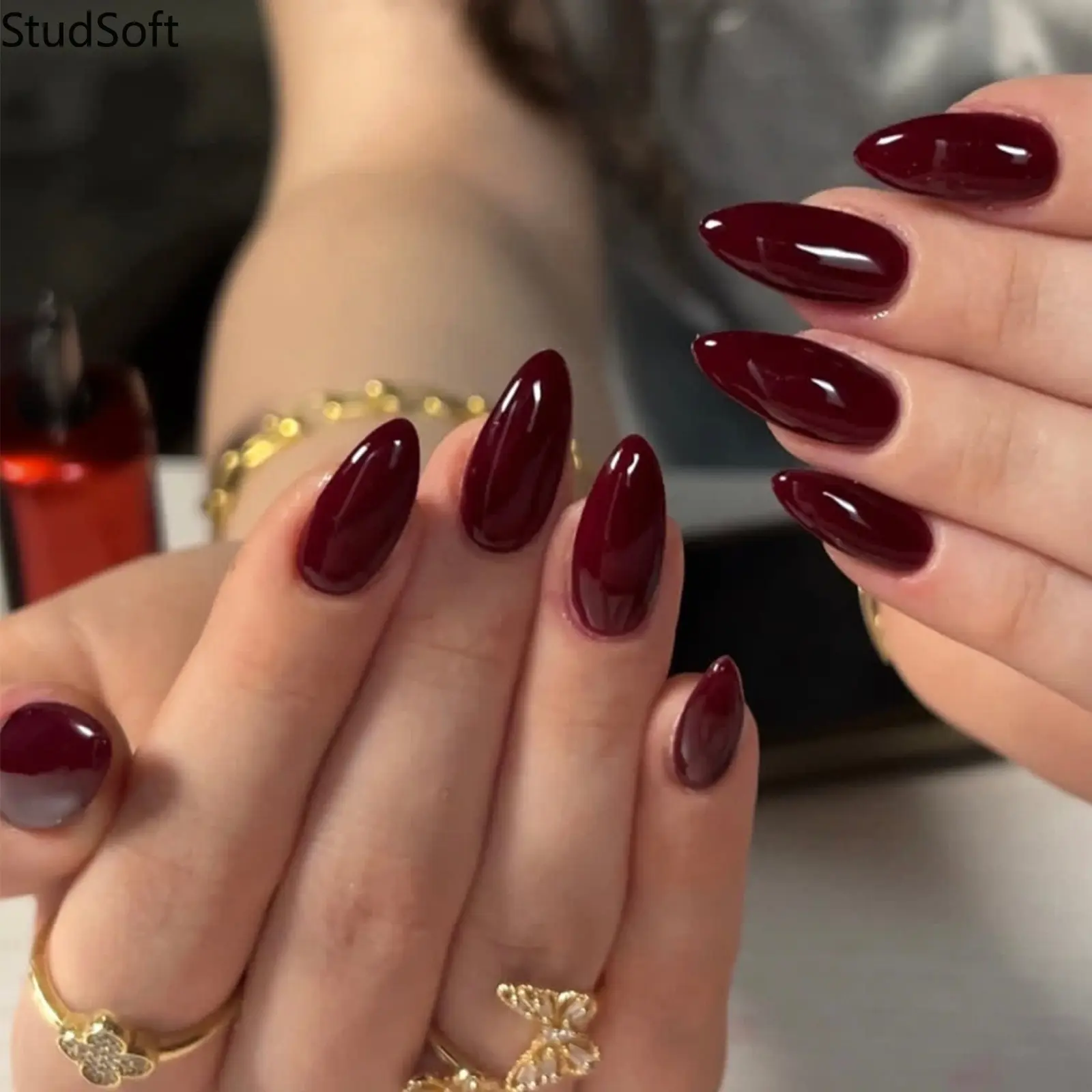 24PCS Burgundy Press on Nails Glossy Fake Nails Full Cover Medium Almond Cherry Dark Red Color Artificial False Fingernails Classic Autumn Daily