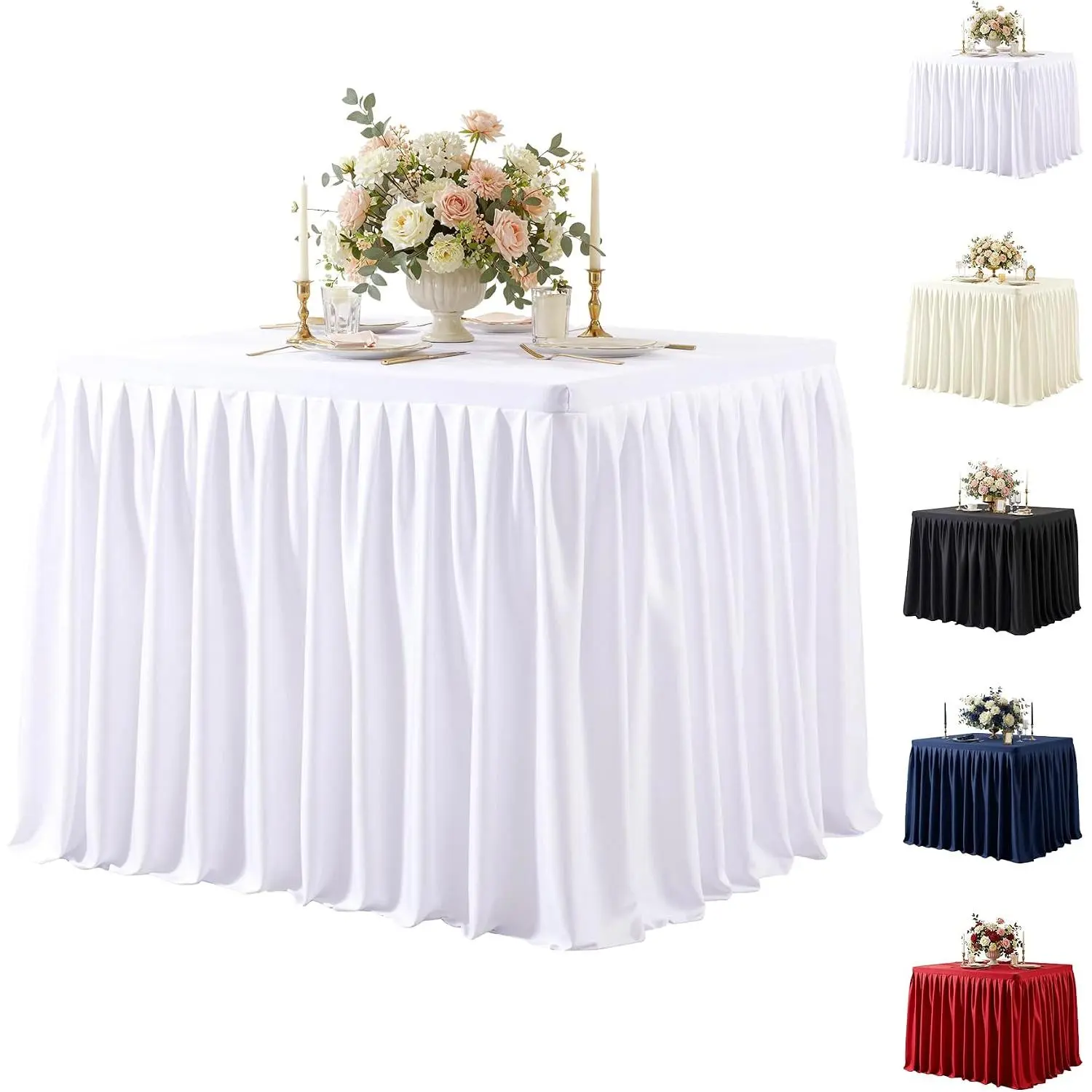 White Square Tablecloth for 34 x 34 Inch Game Table Cover, Polyester Pleated Stretch Small Square Fitted Table Clothes Washable Tablecloth for Wedding Party Dining Banquet Trade Show Mahjong Game