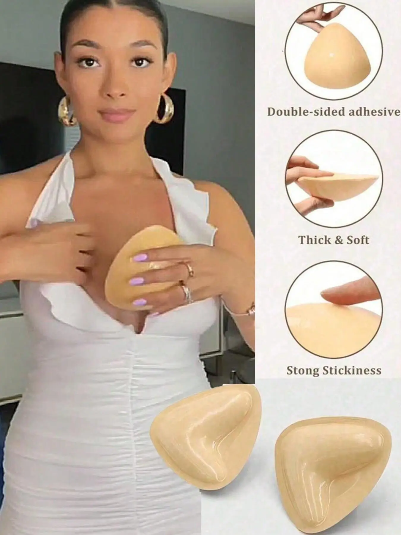 Women's triangular double-sided bra pad inserts, Bra padding inserts, thick nipple covers, invisible and stay in place, double-sided adhesive nipple pads, stickiness, makes small breasts look bigger, gathers, prevents nipple show-throu