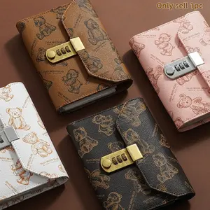 Cute Bear Print Cash Savings Folder with Password Lock, Holds Up to 100 Bills, Transparent Pockets, PU Leather, Budget Planner
