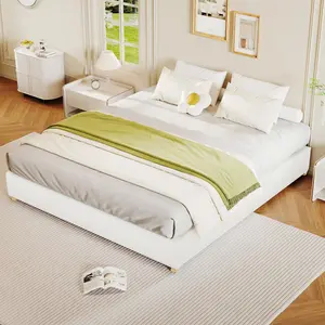Garvee Queen Size Cloud Bed FrameCorduroy Low Bed Frame Without Headboard, Thick Fabric Upholstered Platform Bed, Solid Wood Legs, No Box Spring Needed, Never Squeak, Easy Assembly, White